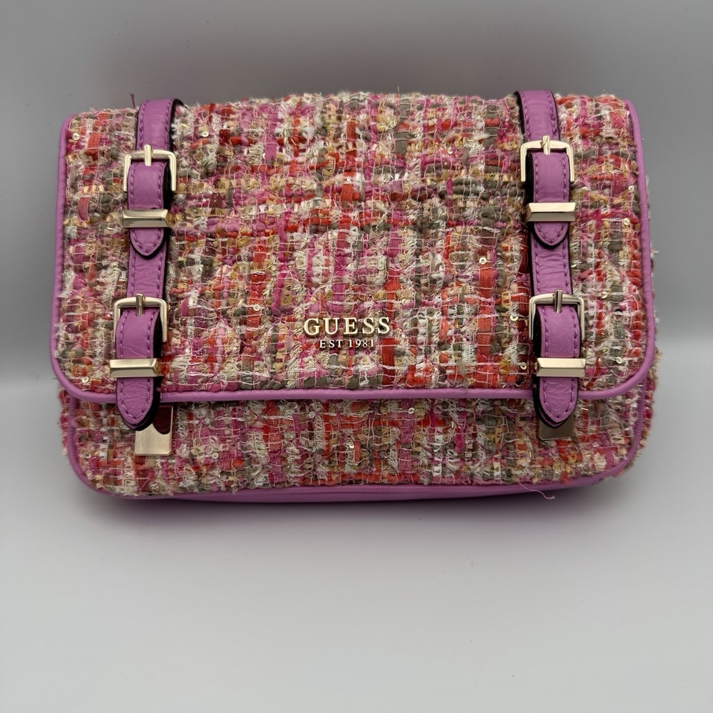 Guess Adam Tweed Shoulder Bag Crossbody Gold Tone Chain Pink Tan Purse‎